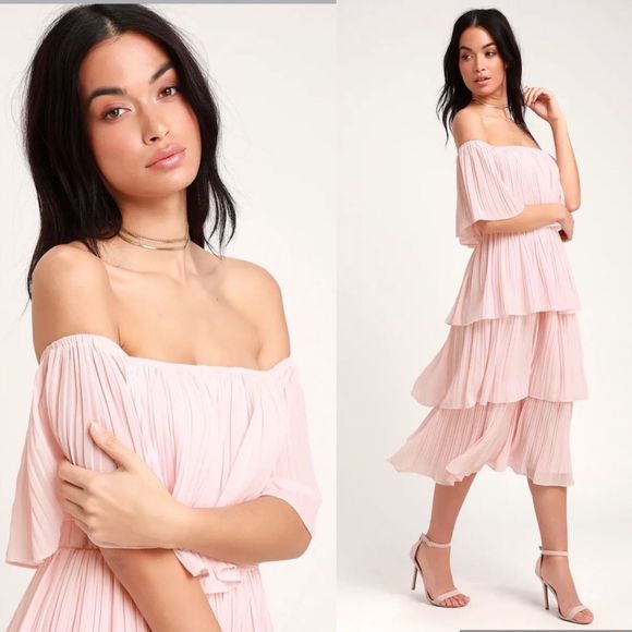 Lulus Dresses & Skirts - Lulu's Gala Ready Blush Pink Off-the-Shoulder Ruffle Midi Dress Size S